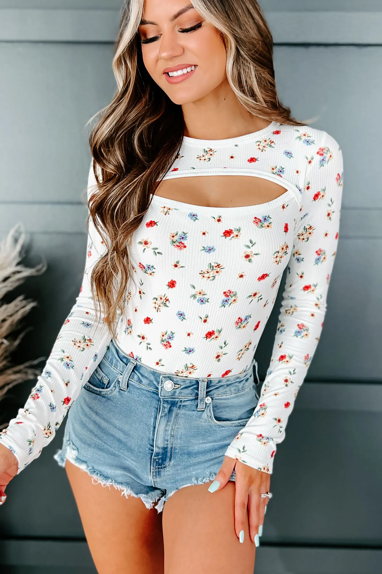 Hopelessly Yours NanaMacs Original Long Sleeve Cut-Out Floral Bodysuit (Ivory/Red/Blue)