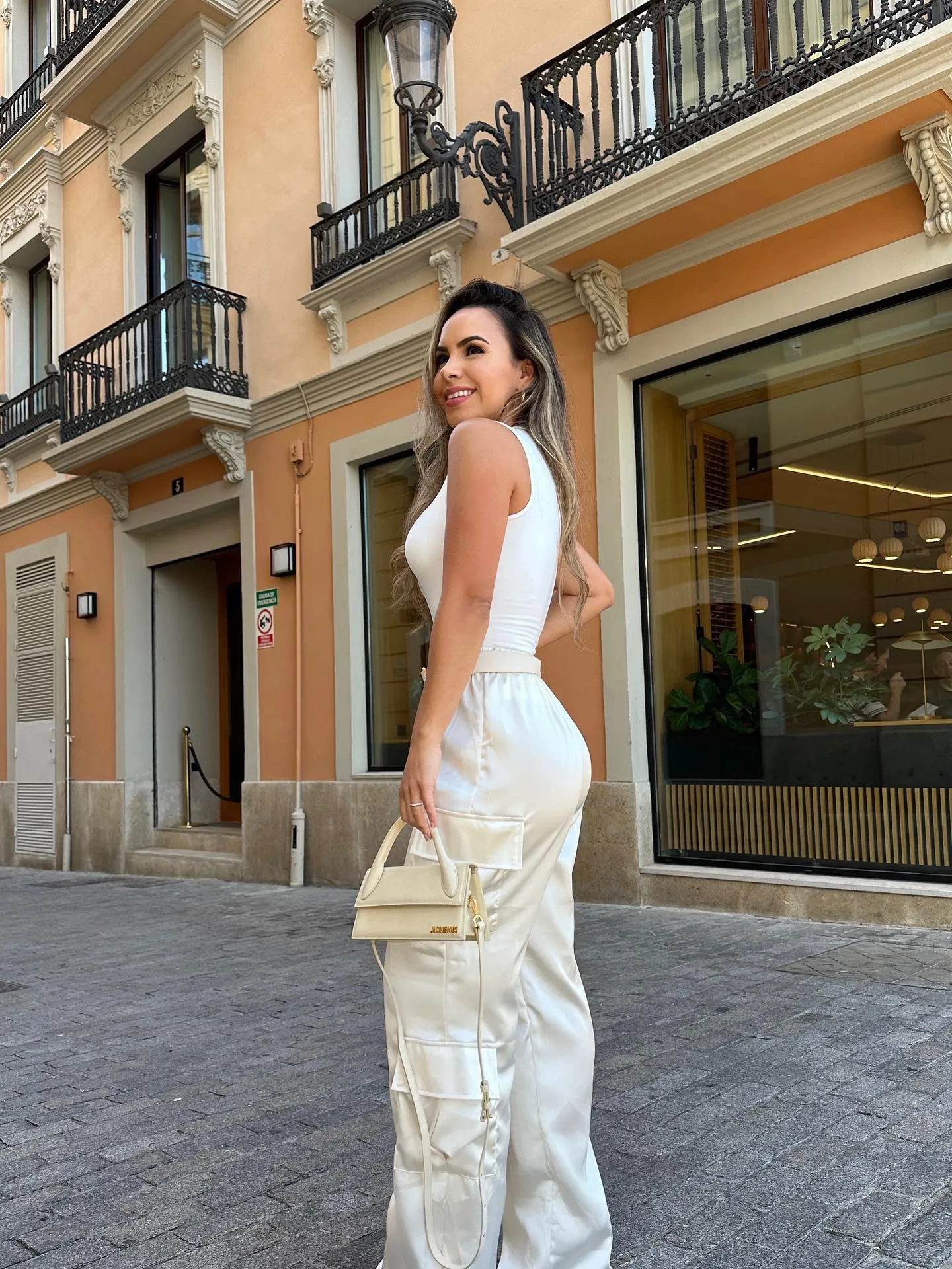 Ivory Satin High Waist Wide Leg Cargo Pants