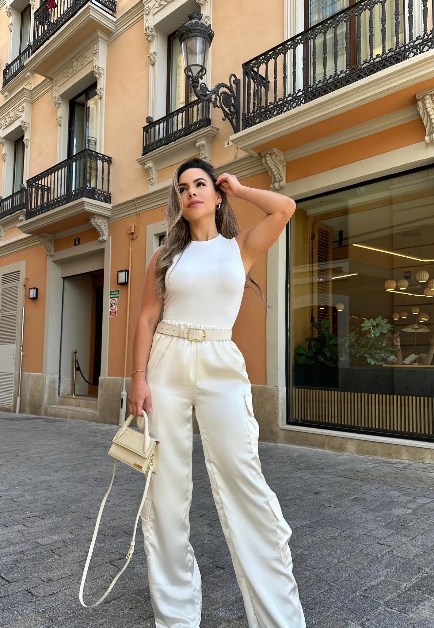 Ivory Satin High Waist Wide Leg Cargo Pants