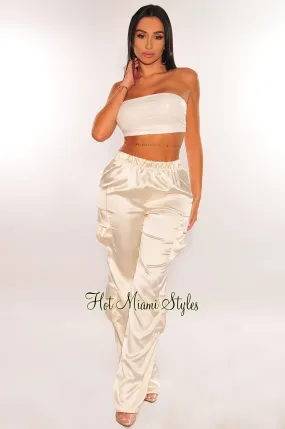 Ivory Satin High Waist Wide Leg Cargo Pants