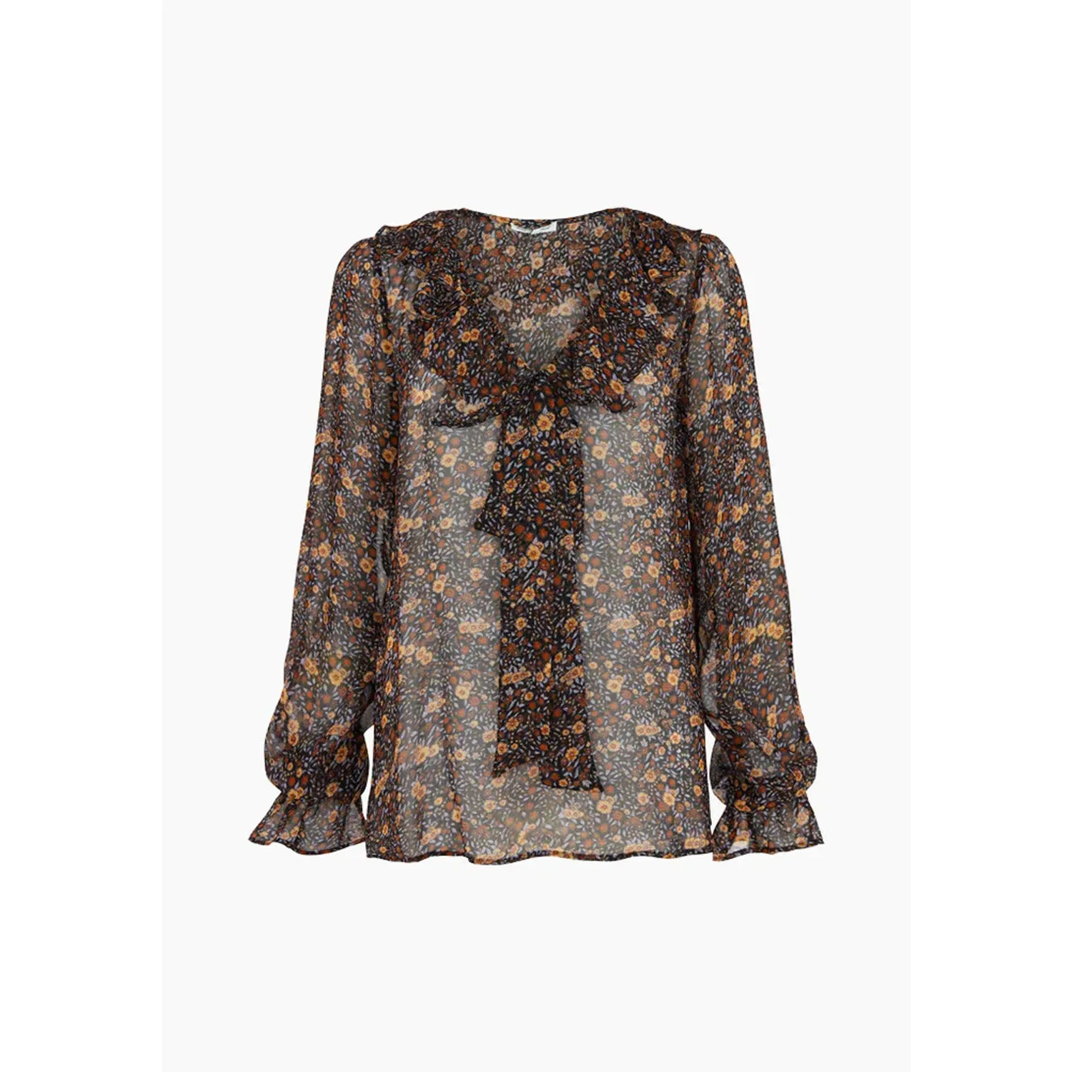 Joni Ruffle Neck Aster Print Blouse In Brown