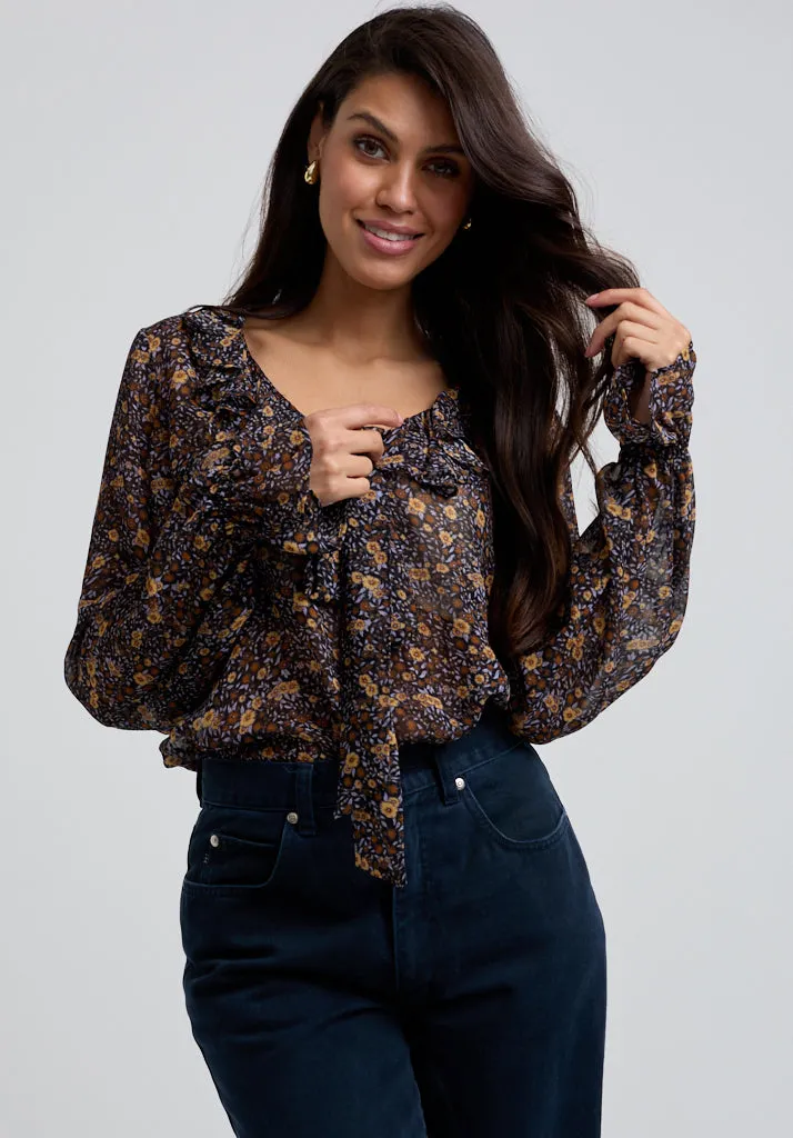 Joni Ruffle Neck Aster Print Blouse In Brown