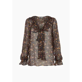 Joni Ruffle Neck Aster Print Blouse In Brown