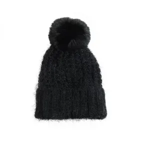 JOY SUSAN WAFFLE KNIT POM POM HAT BLACK - WOMENS