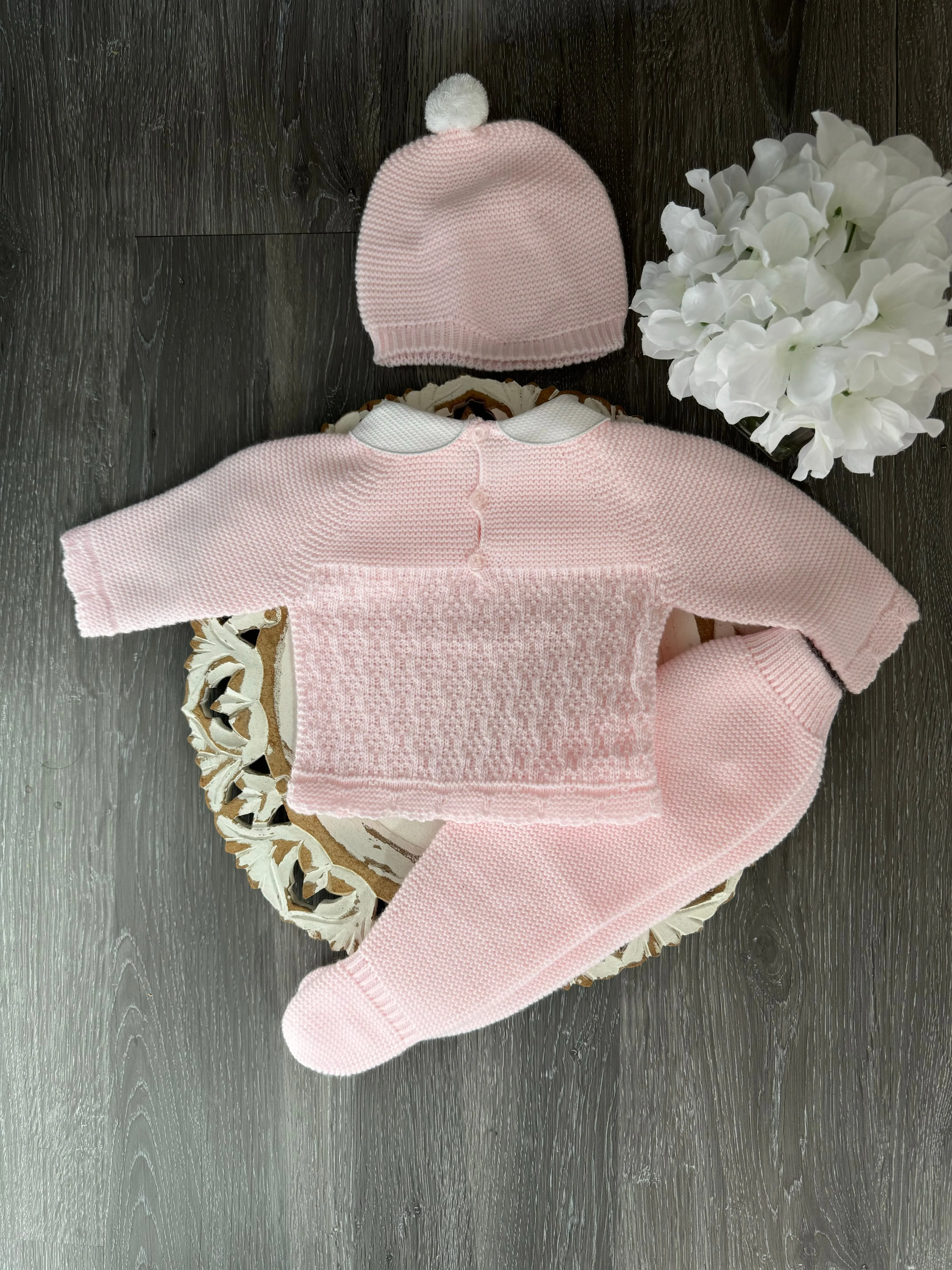 Knit Raglan Sleeve Pom Pom Baby Set in Pink