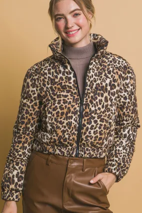 Leopard Print Bomber Puffer Jacket