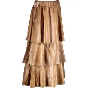 Long Beige Skirt Genuine Lamb Paper Napa | Elegant Women's Fashion