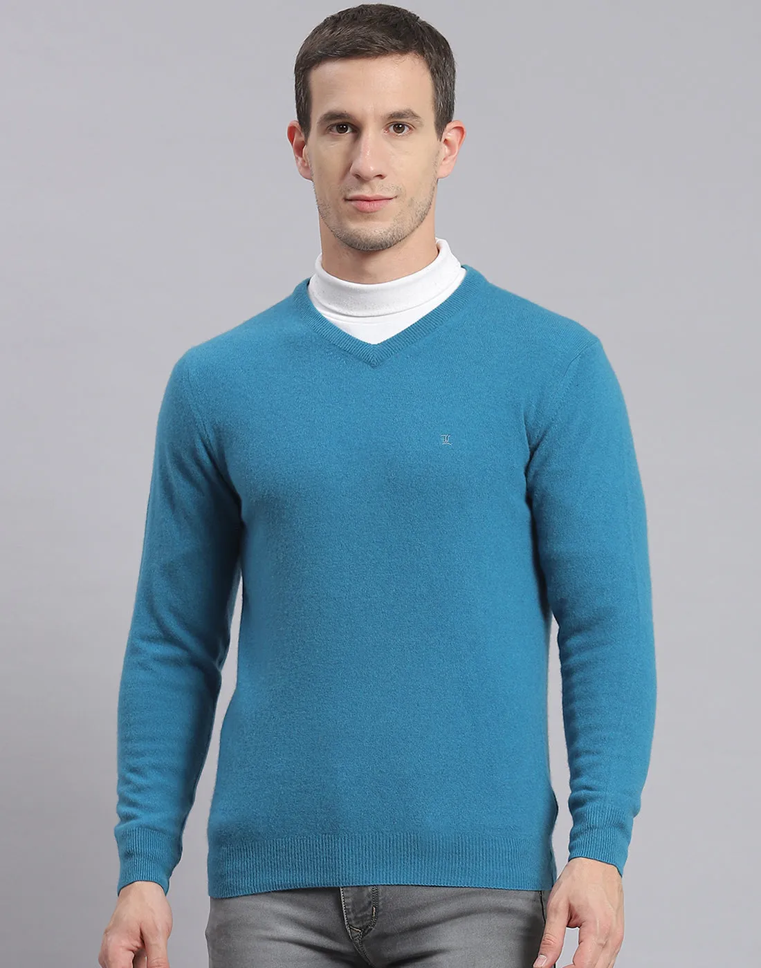 Men Teal Blue Solid V Neck Full Sleeve Sweater