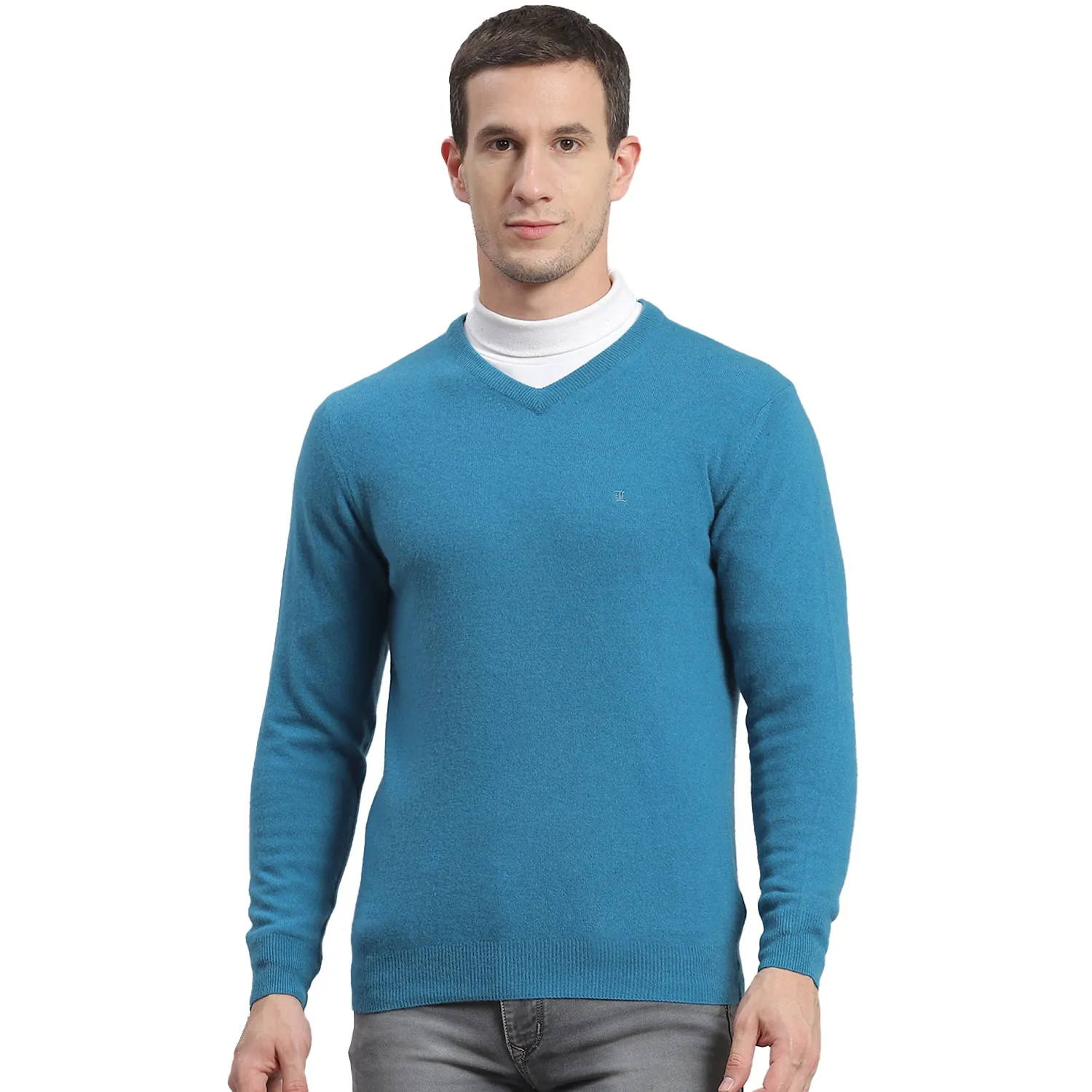 Men Teal Blue Solid V Neck Full Sleeve Sweater