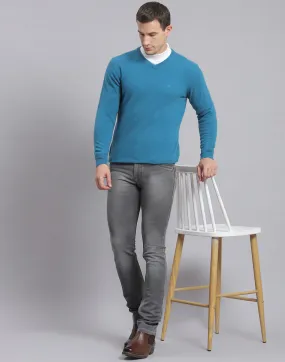 Men Teal Blue Solid V Neck Full Sleeve Sweater