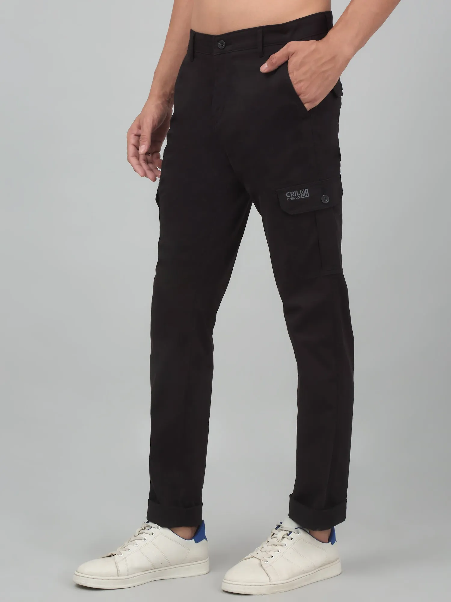 Men's Black Solid Stretchable Cargo