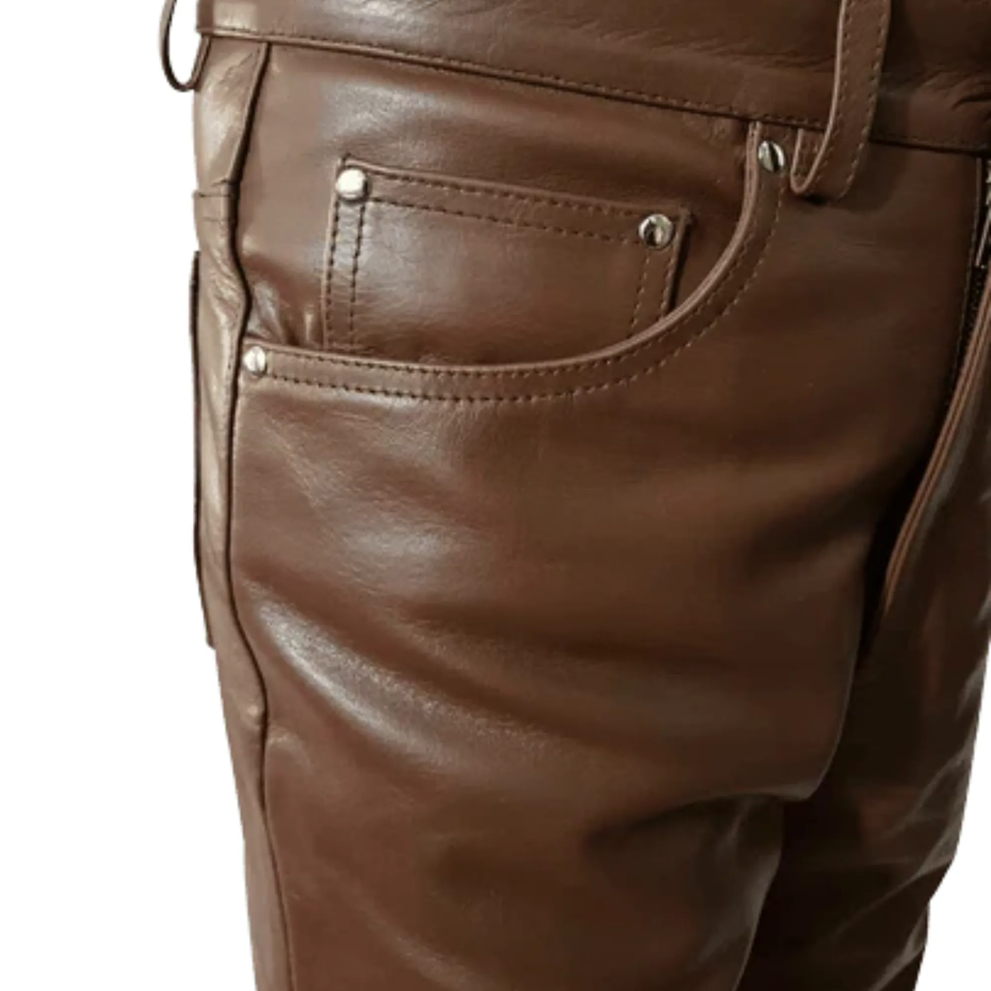 Mens Brown Leather Jeans Pants