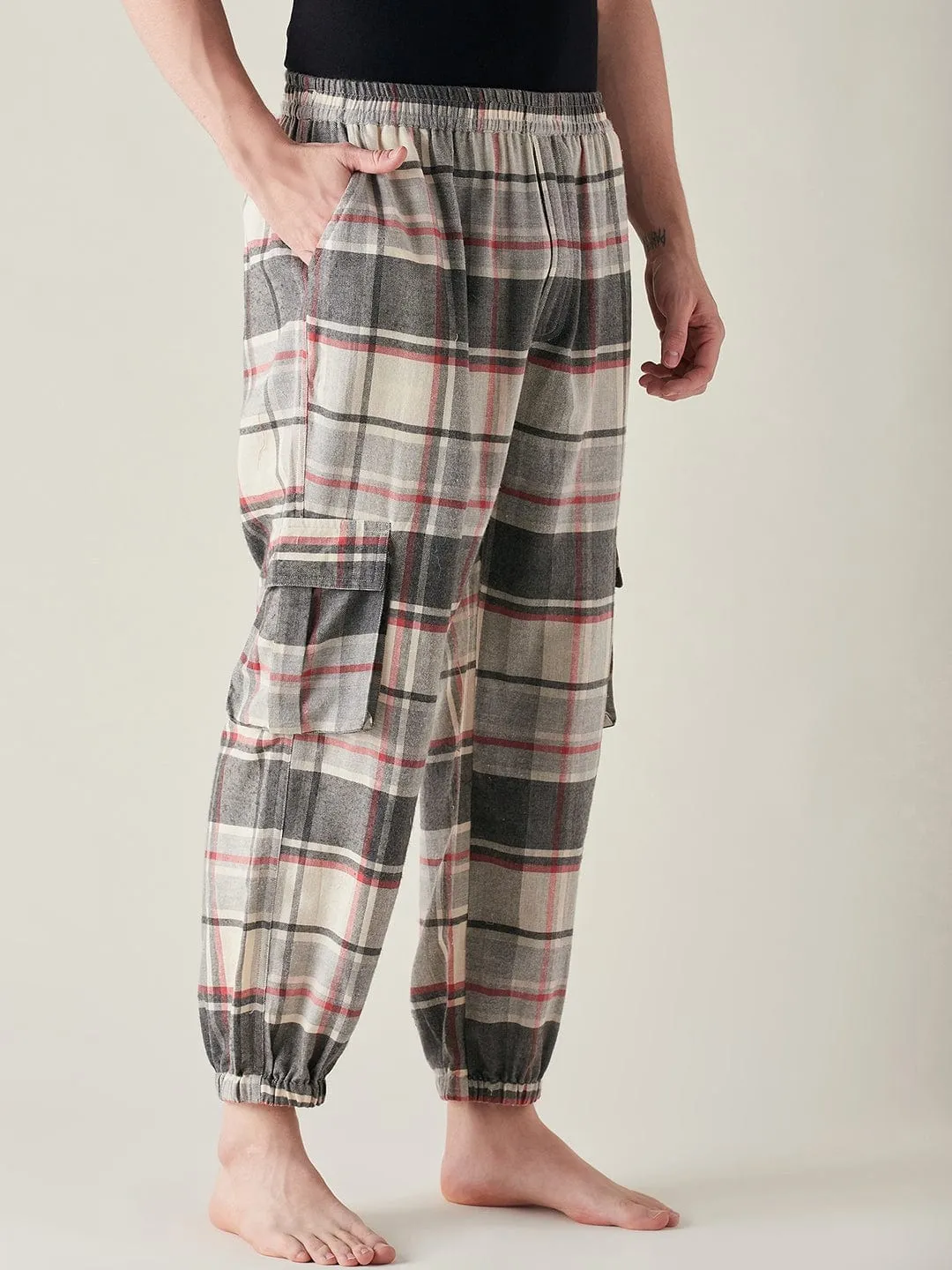 Mens Grey Brushed Cotton Plaid Joggers