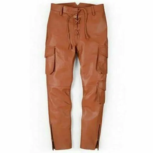 Men's Tan Cargo Style Leather Pant