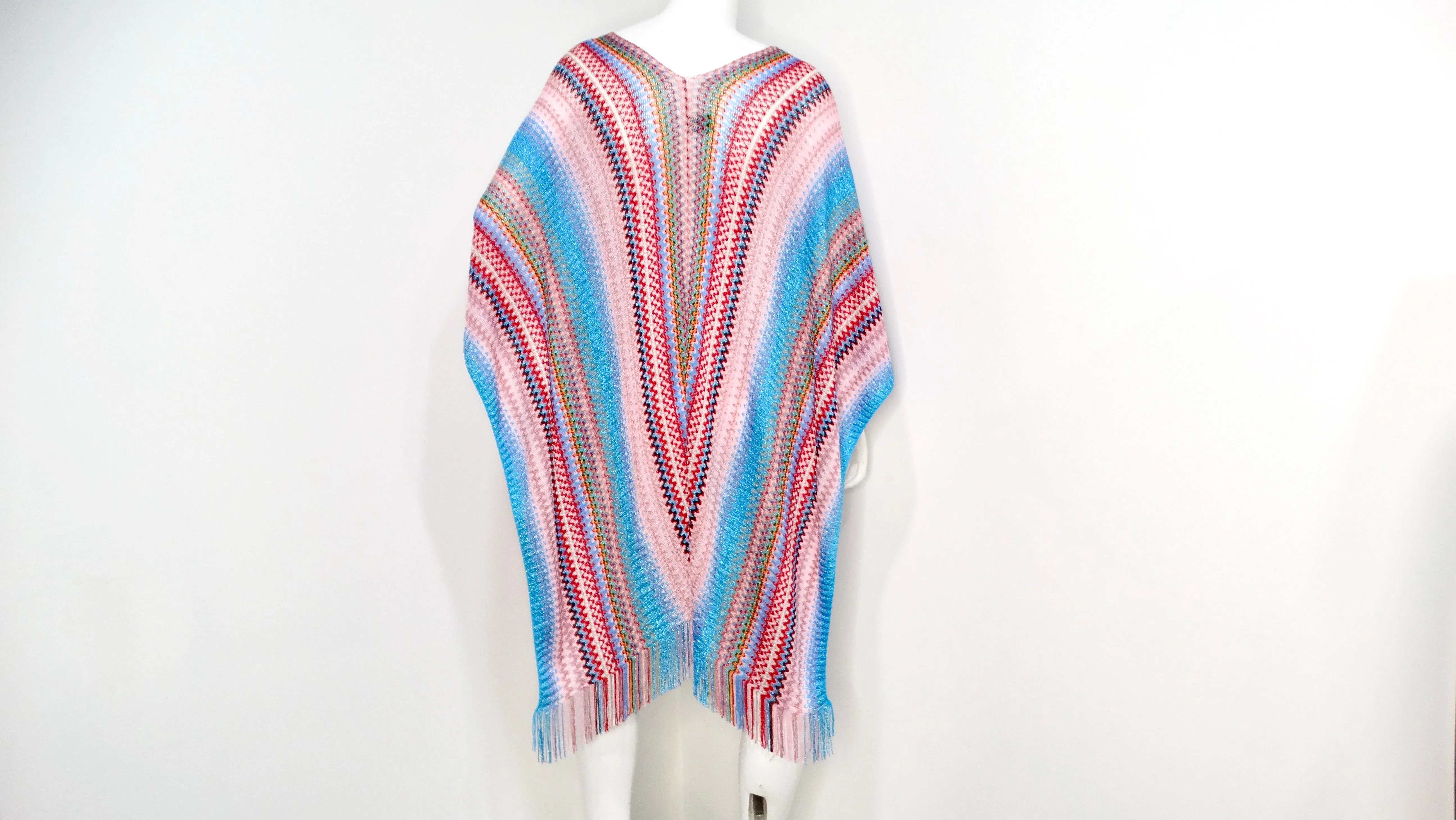 Missoni Zig Zag Multicolor Knit Poncho With Fringe Detail