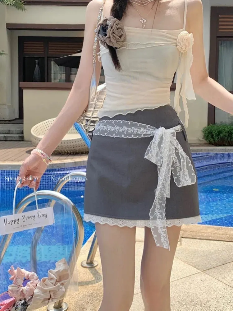 MQTIME  -  Black Hip Wrap Mini Skirt Women Kawaii Lace Patchwork High Waist A-line Skirt Summer Fashion Korean Style Cutecore Skirt