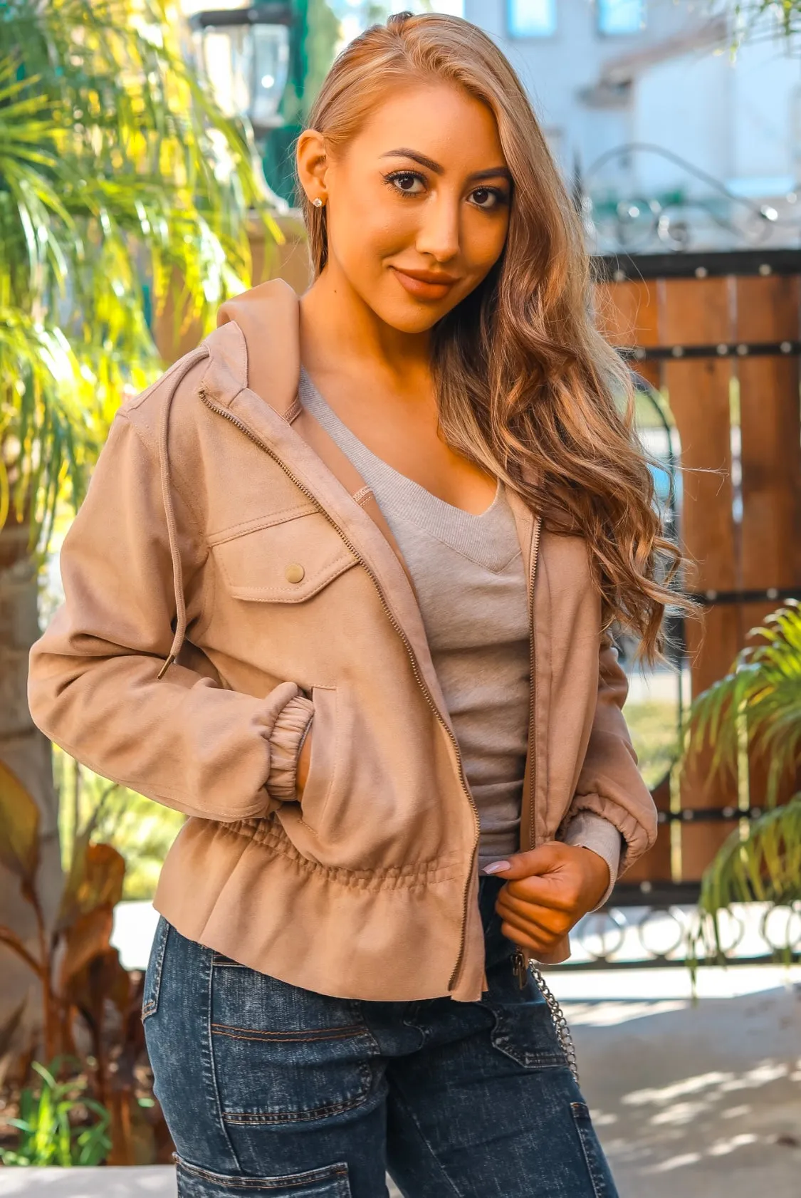 No Strings Attached Faux Suede Jacket Cognac