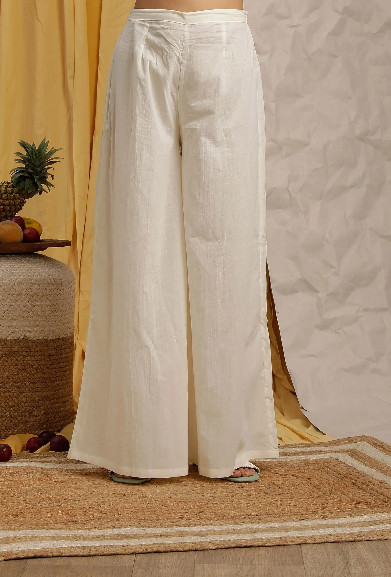 Off White Cotton Schiffli Flared Palazzo Pants