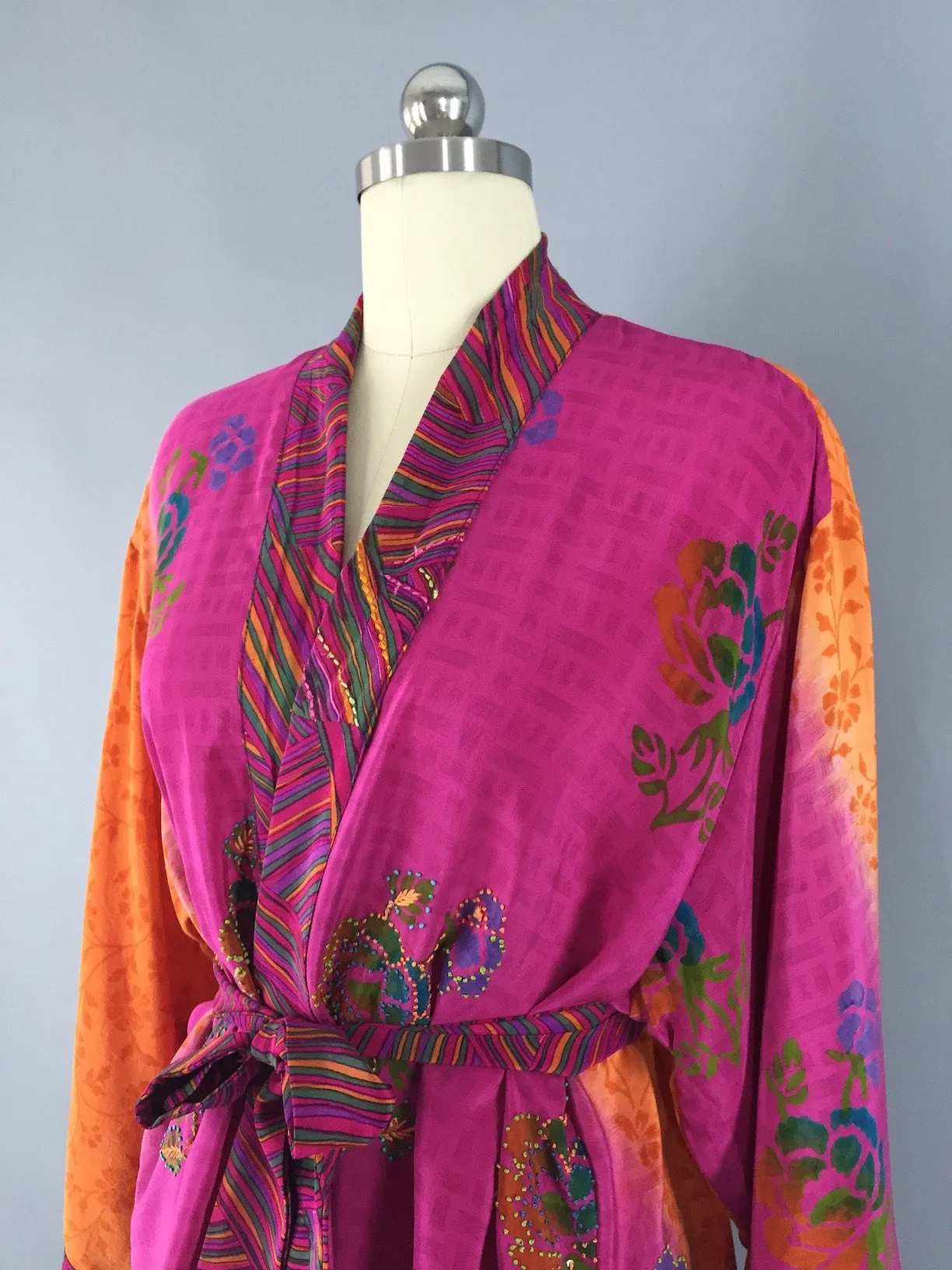 Pink & Orange Floral Print Silk Kimono Jacket made from a Vintage Indian Sari