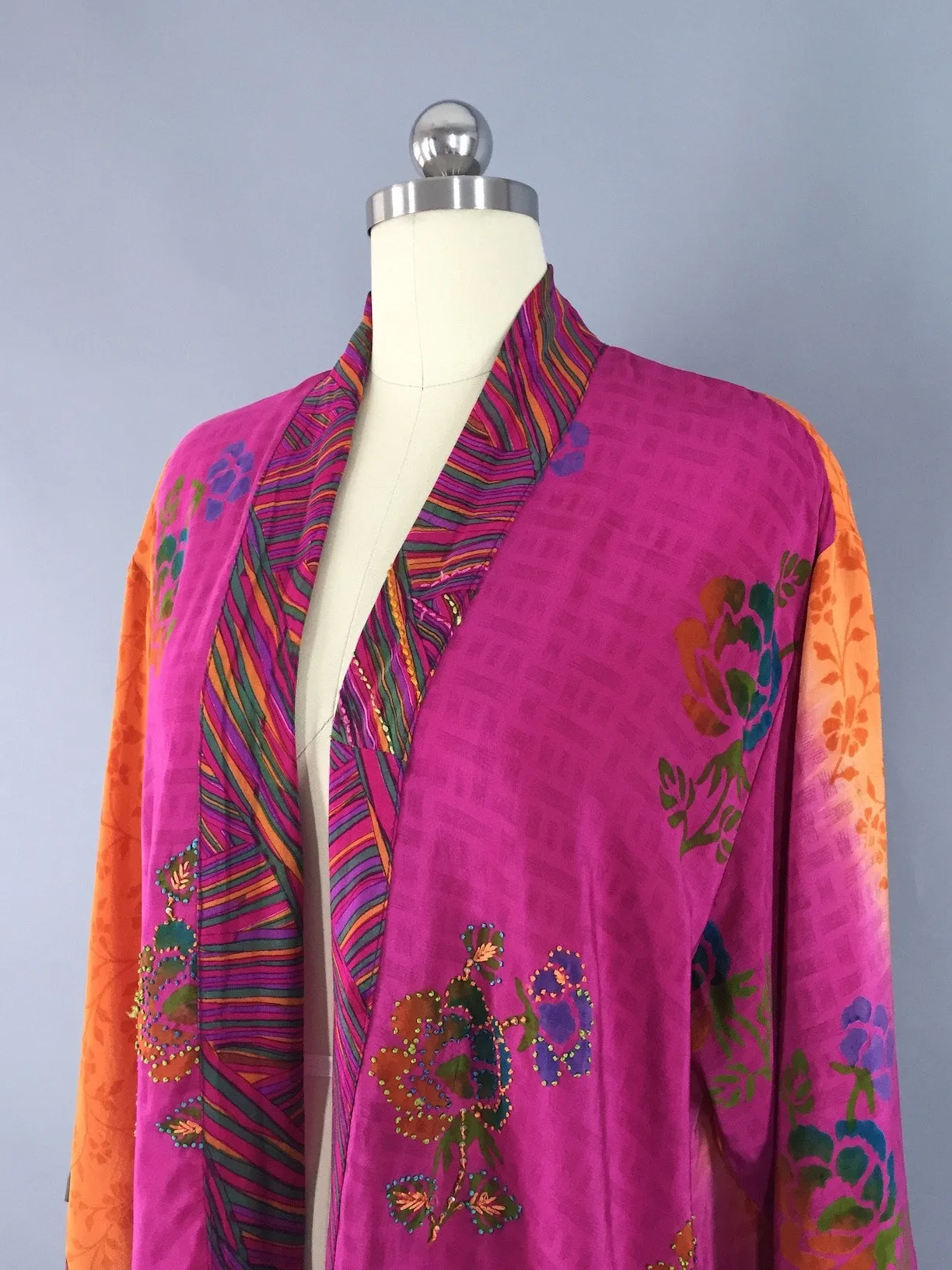 Pink & Orange Floral Print Silk Kimono Jacket made from a Vintage Indian Sari