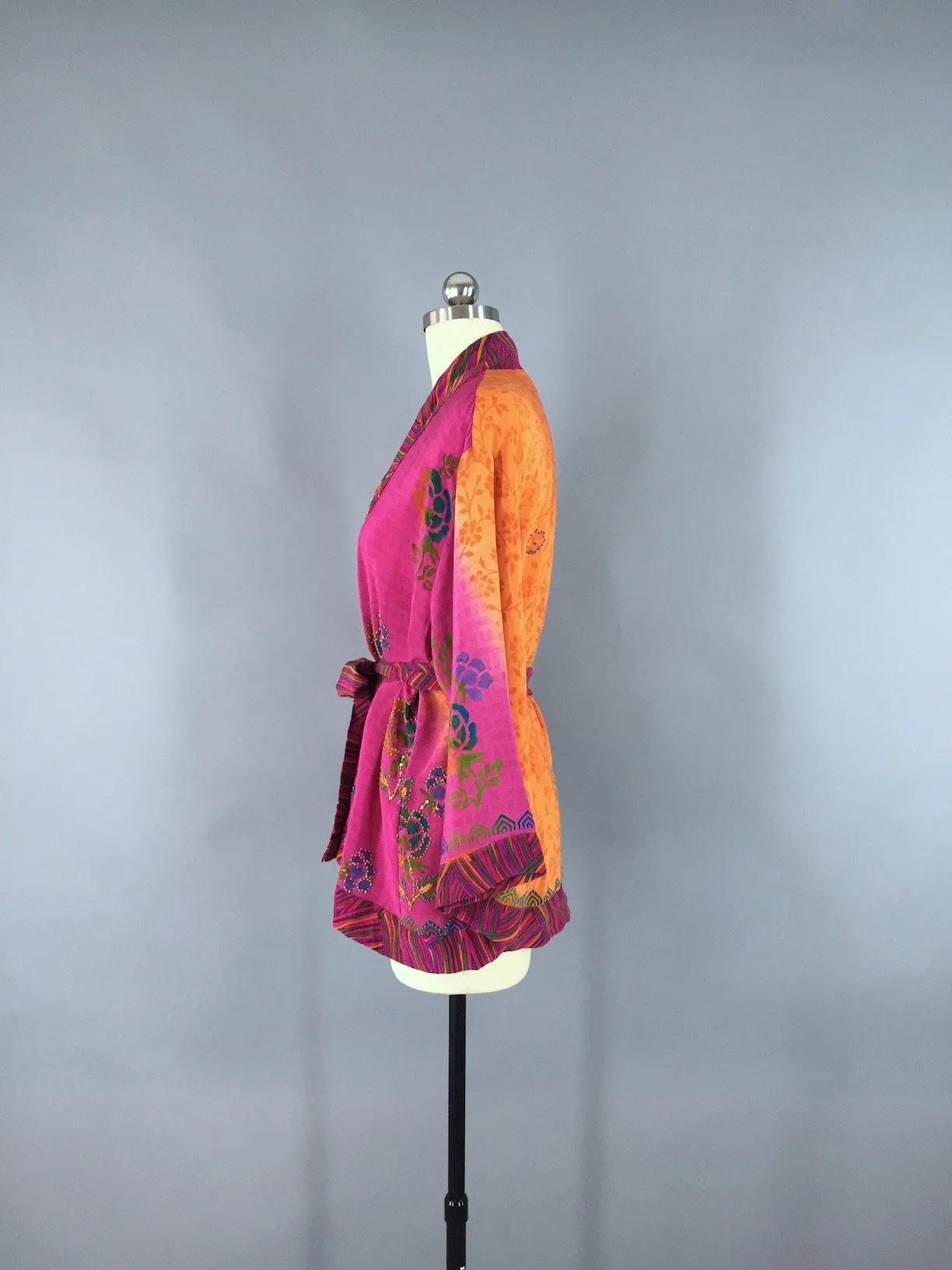 Pink & Orange Floral Print Silk Kimono Jacket made from a Vintage Indian Sari