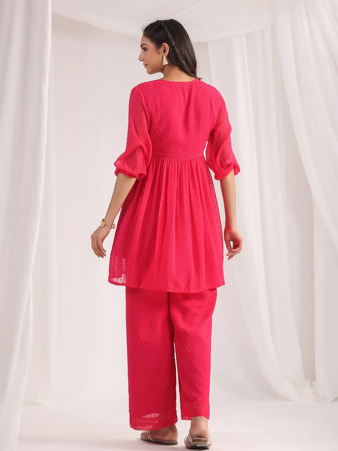 Pink Dobby Georgette Self Design Gathered Co-ord Set