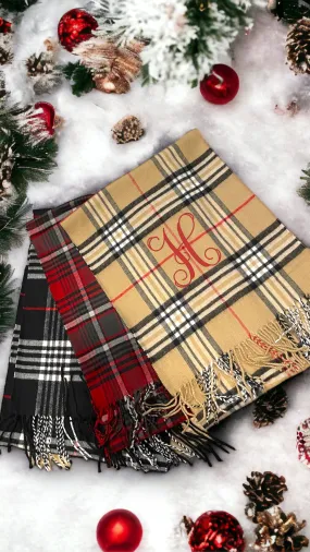 Plaid Cashmere Feel Scarves with Embroidered Single Initial