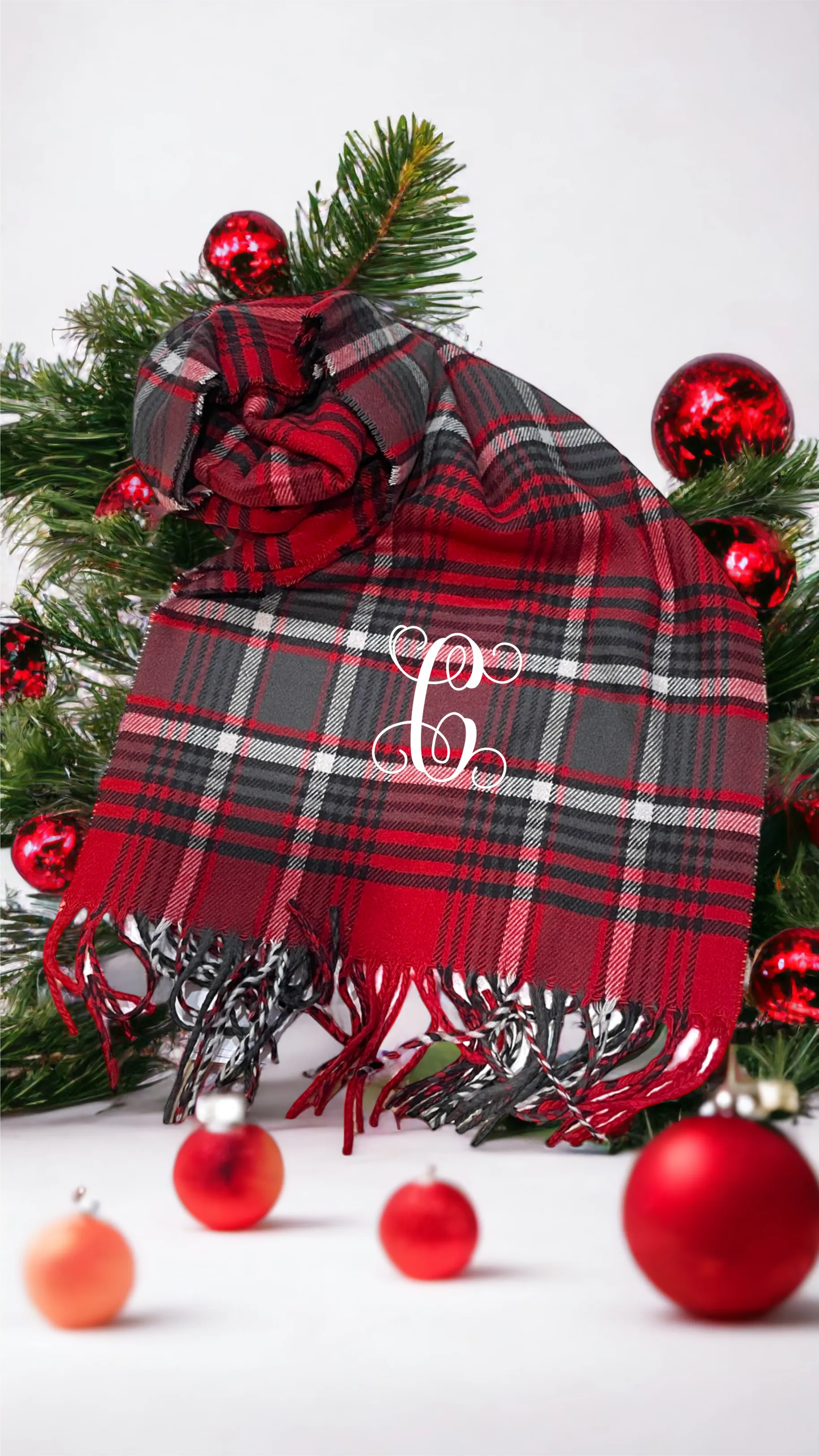 Plaid Cashmere Feel Scarves with Embroidered Single Initial