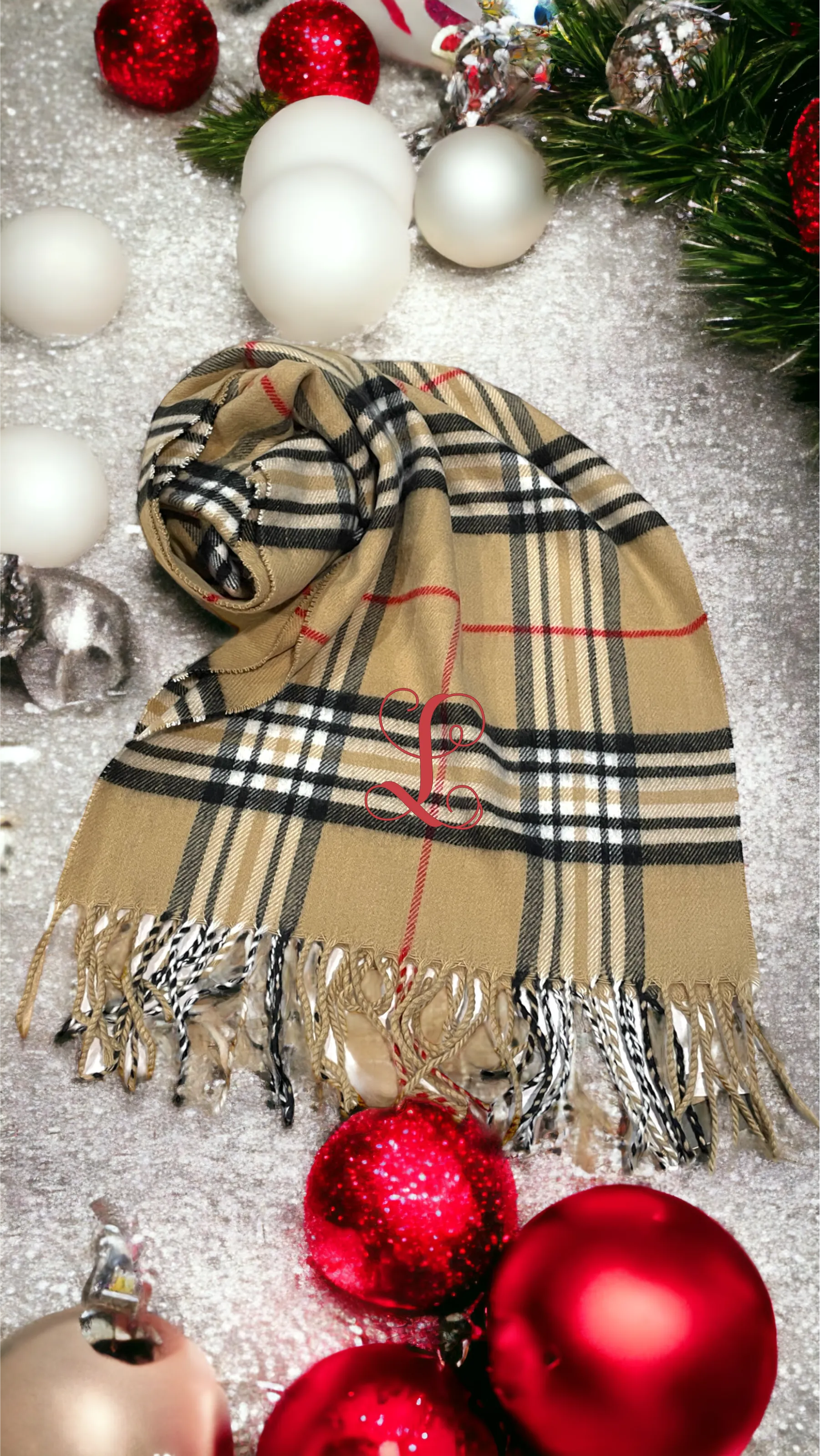 Plaid Cashmere Feel Scarves with Embroidered Single Initial