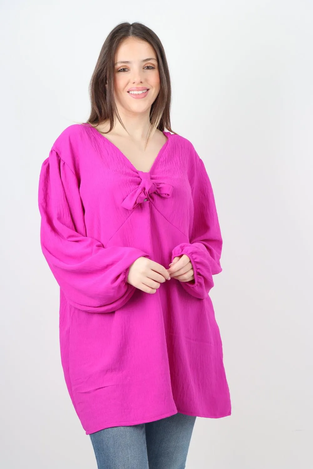 Plain Tie Front Full Sleeve Plain Tunic Top