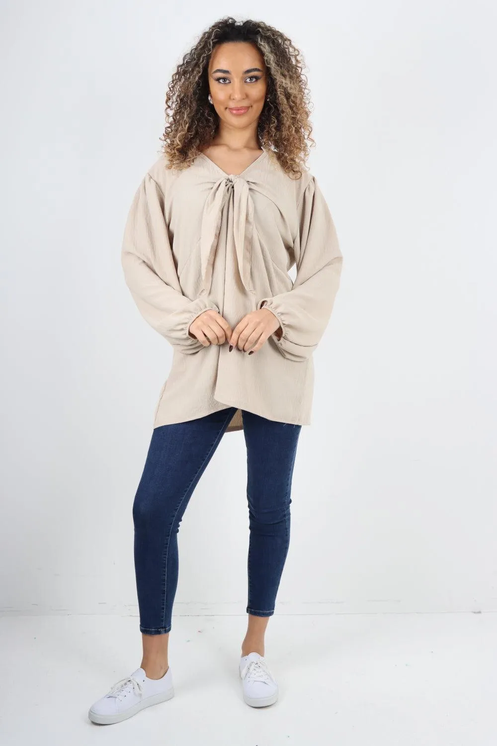 Plain Tie Front Full Sleeve Plain Tunic Top