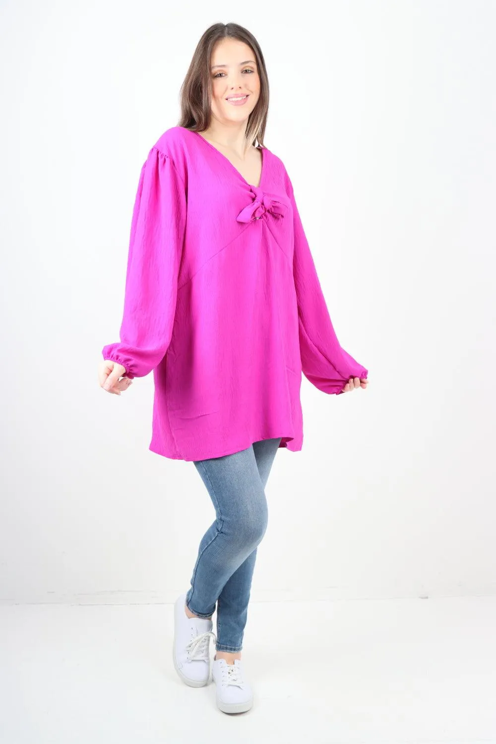 Plain Tie Front Full Sleeve Plain Tunic Top