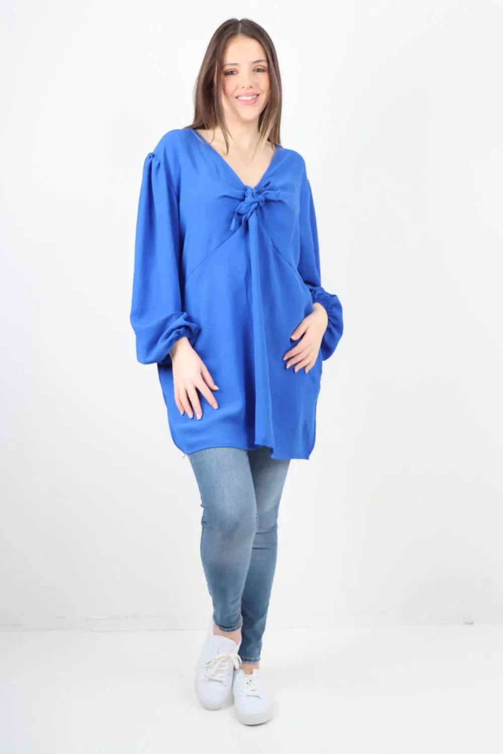 Plain Tie Front Full Sleeve Plain Tunic Top