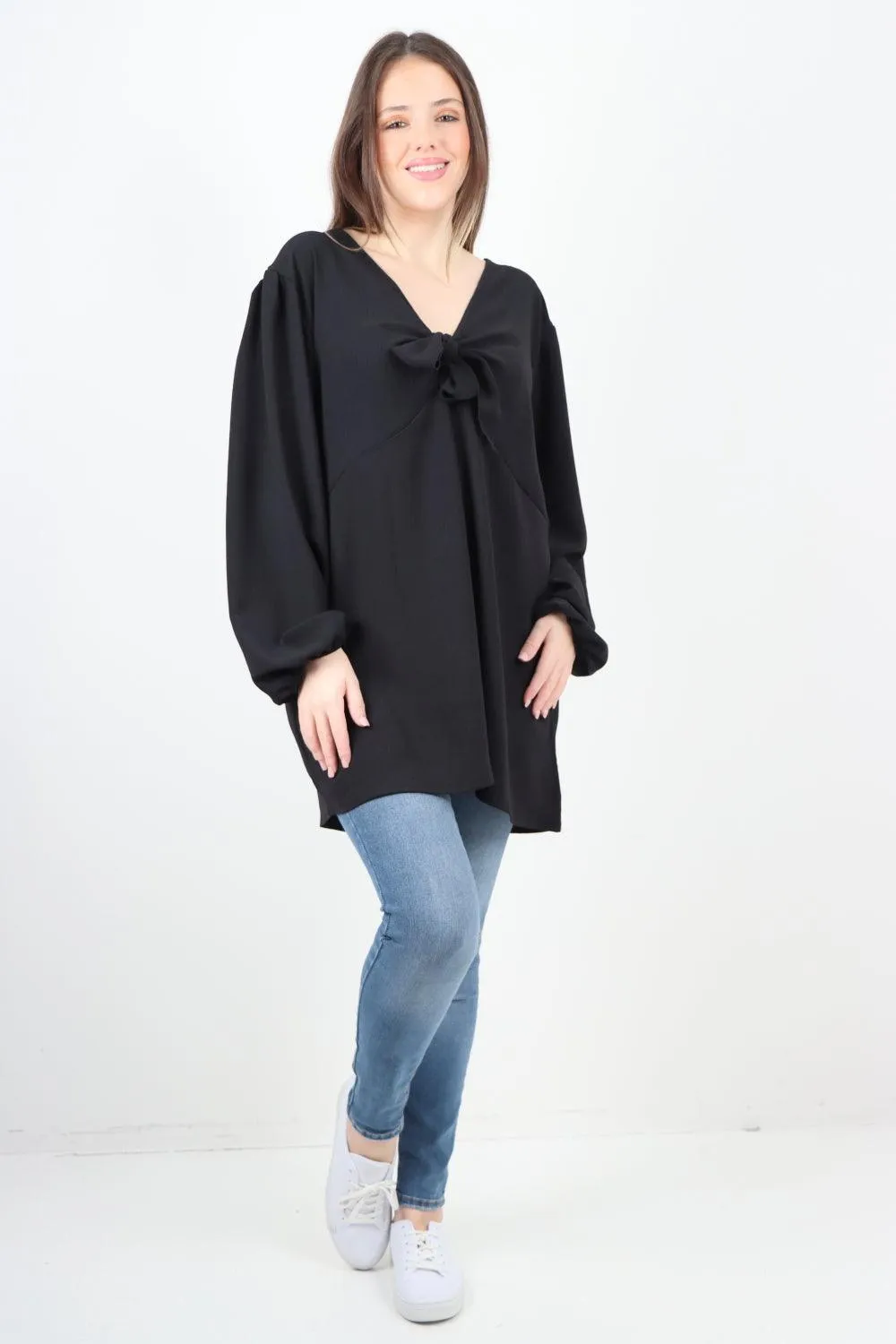 Plain Tie Front Full Sleeve Plain Tunic Top