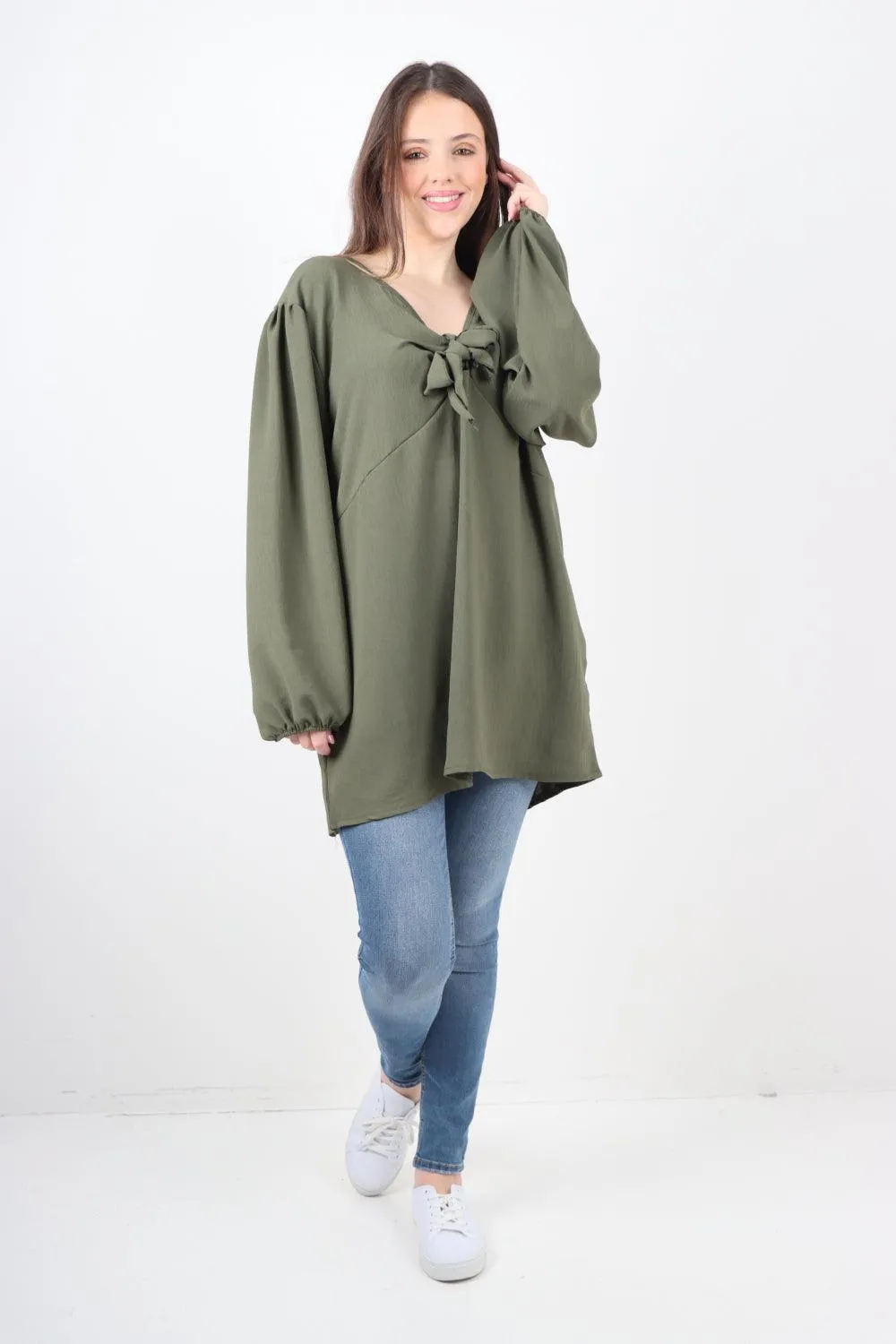 Plain Tie Front Full Sleeve Plain Tunic Top