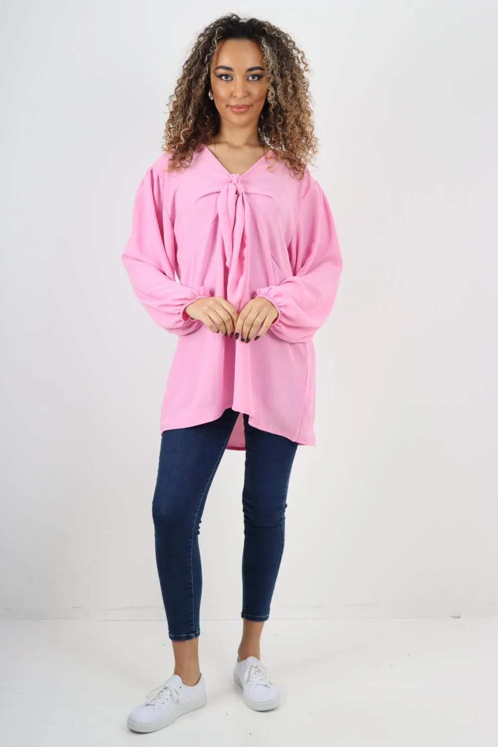 Plain Tie Front Full Sleeve Plain Tunic Top