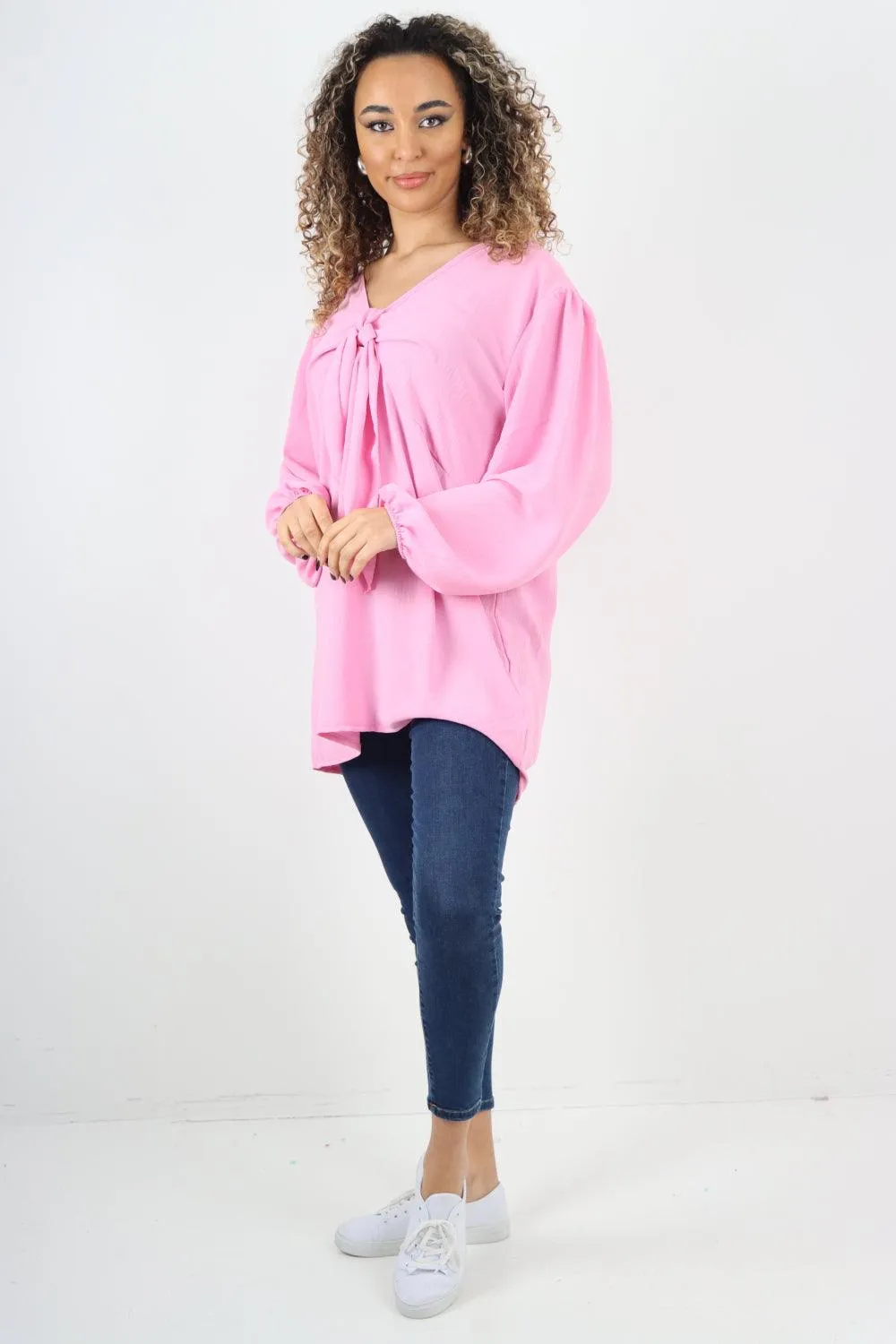 Plain Tie Front Full Sleeve Plain Tunic Top