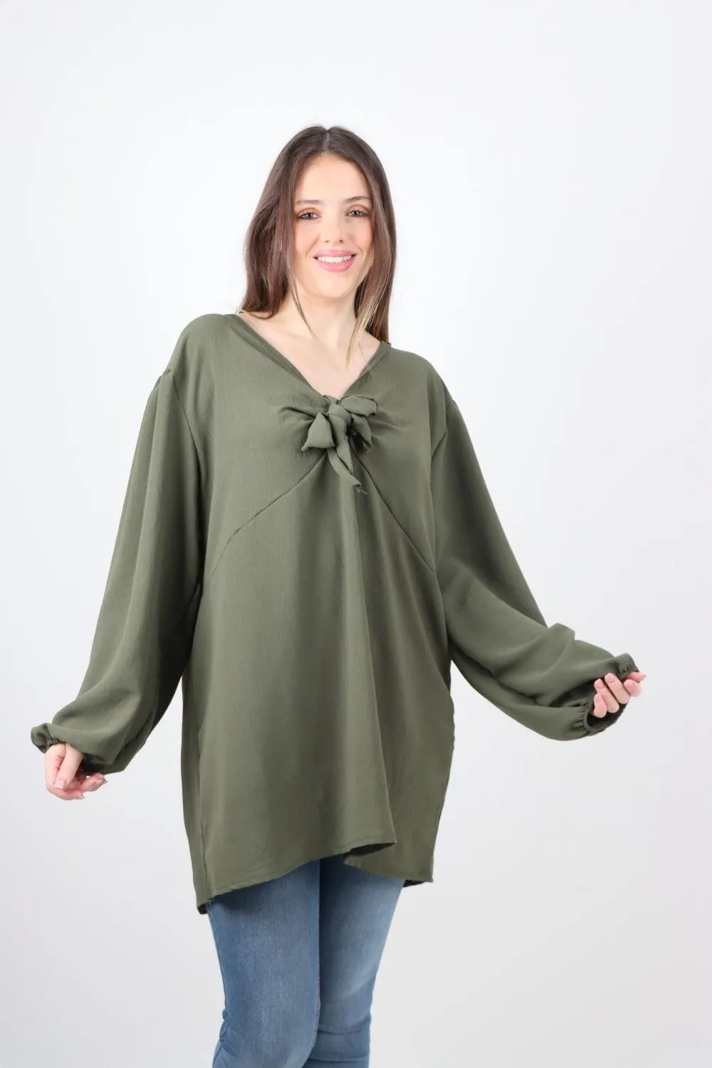 Plain Tie Front Full Sleeve Plain Tunic Top