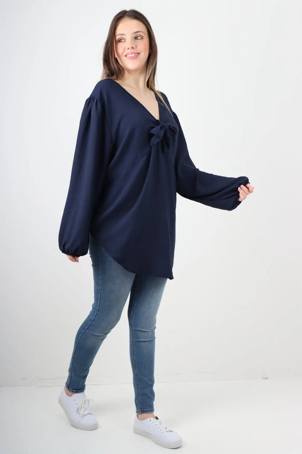 Plain Tie Front Full Sleeve Plain Tunic Top