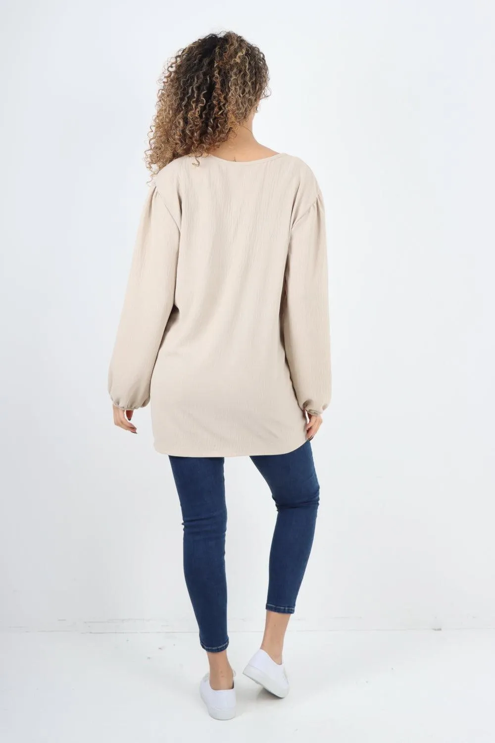 Plain Tie Front Full Sleeve Plain Tunic Top