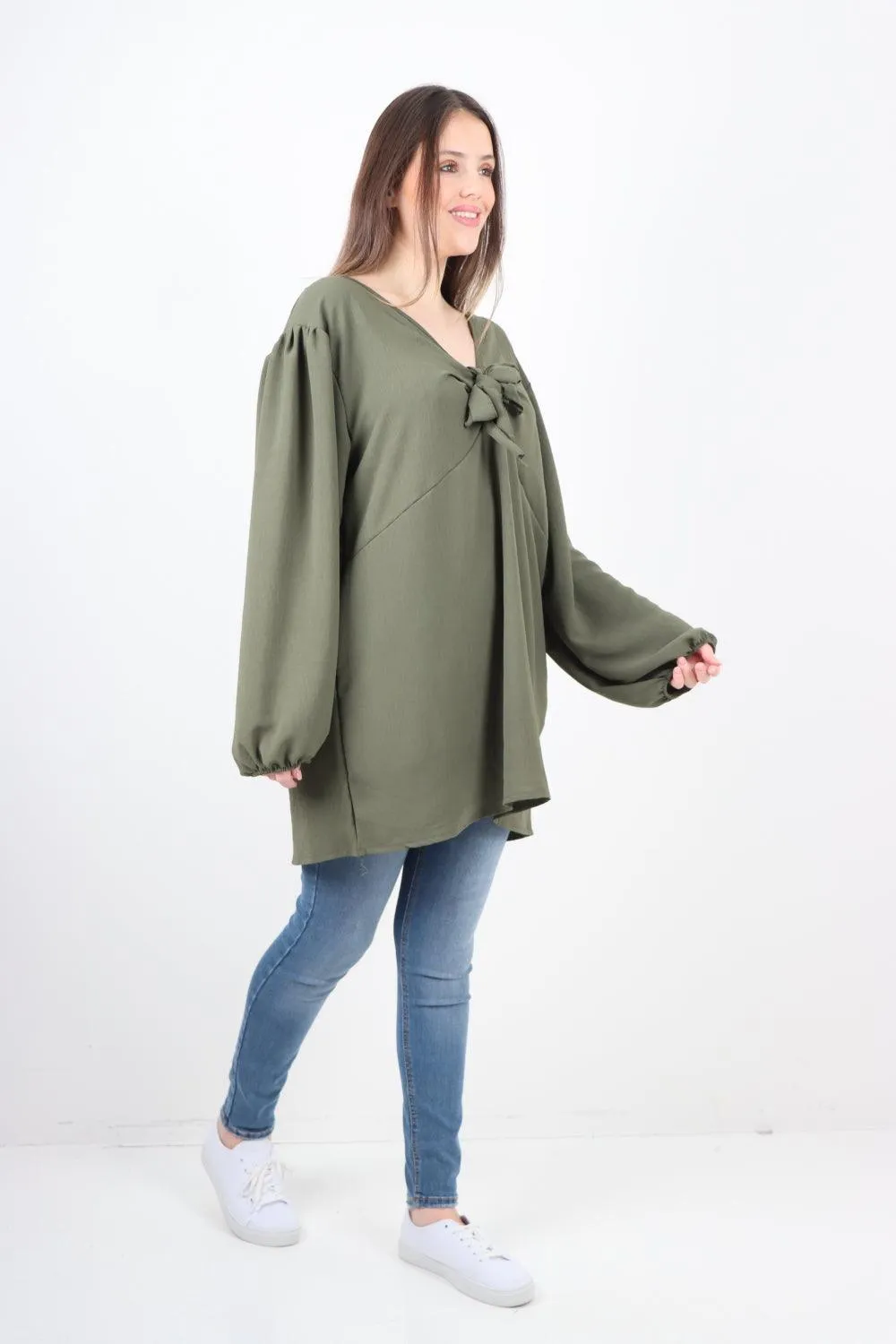 Plain Tie Front Full Sleeve Plain Tunic Top