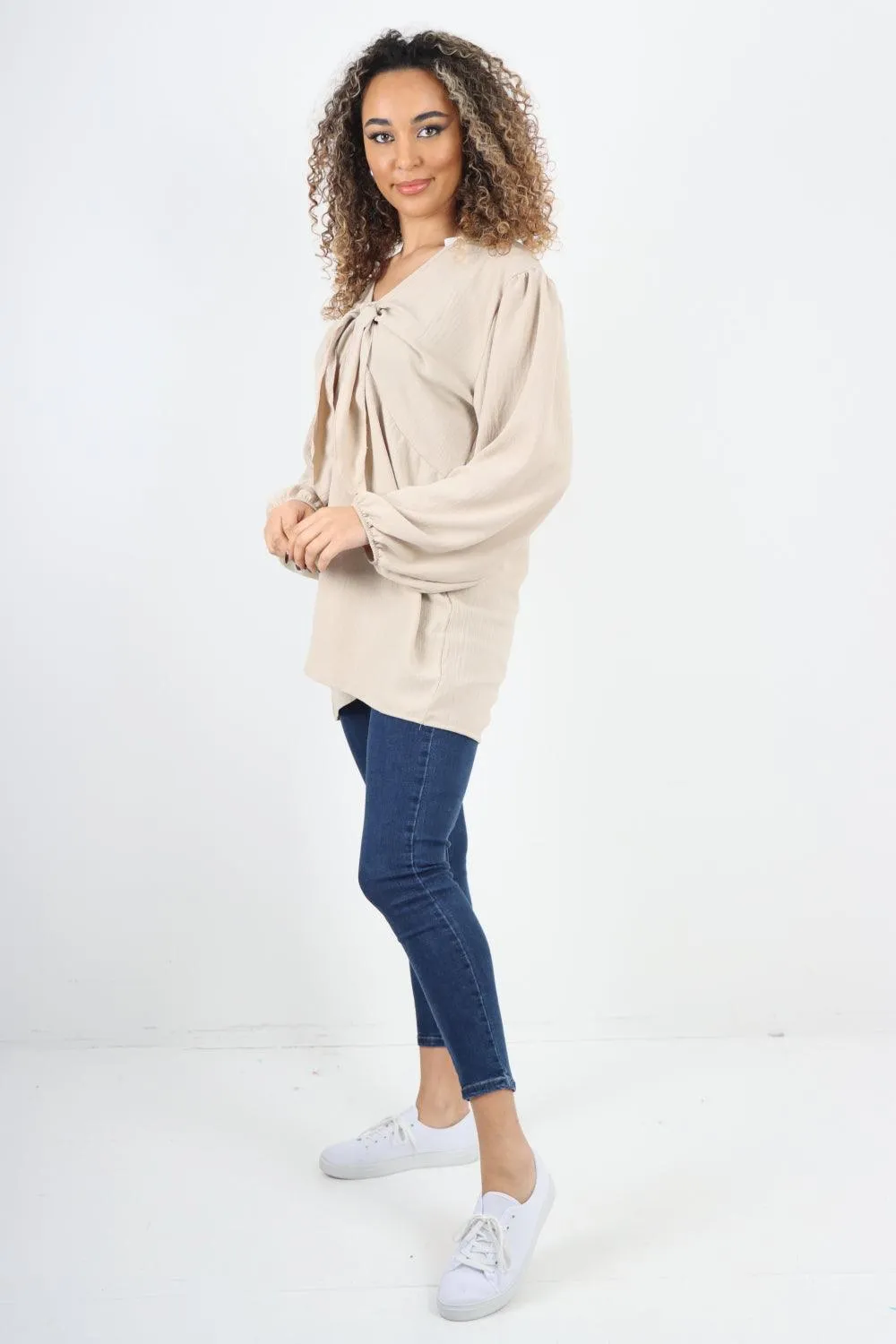 Plain Tie Front Full Sleeve Plain Tunic Top