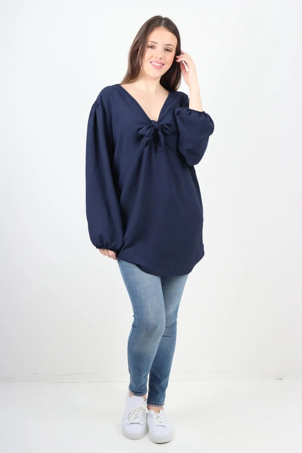 Plain Tie Front Full Sleeve Plain Tunic Top