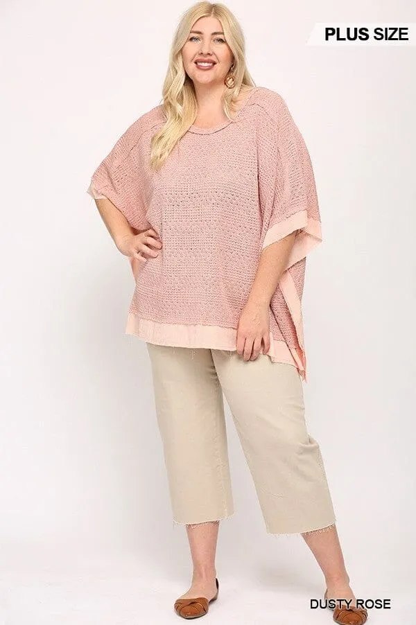 Plus Size Dusty Rose Pink Round Neck Batwing Sleeve Knit Woven Poncho Pullover Top