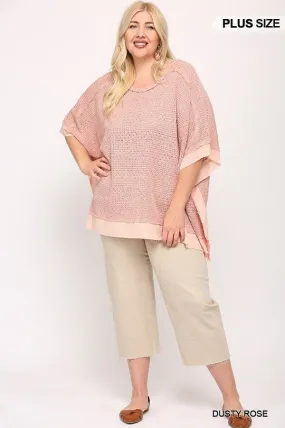 Plus Size Dusty Rose Pink Round Neck Batwing Sleeve Knit Woven Poncho Pullover Top