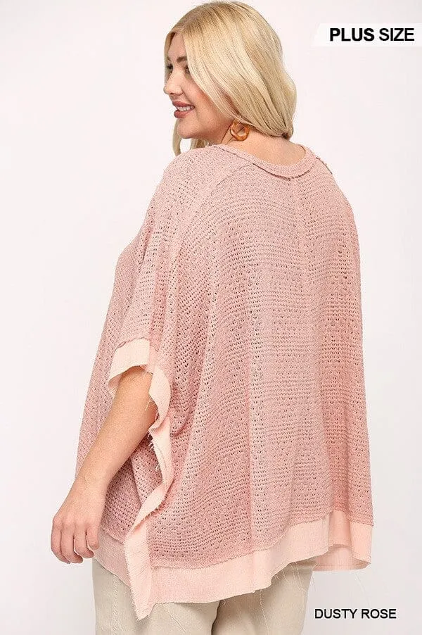 Plus Size Dusty Rose Pink Round Neck Batwing Sleeve Knit Woven Poncho Pullover Top