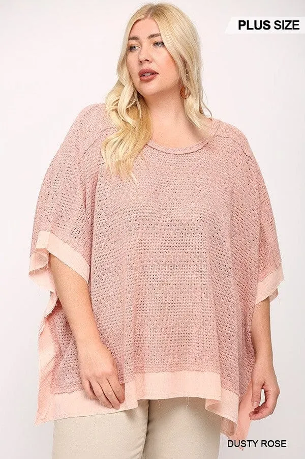 Plus Size Dusty Rose Pink Round Neck Batwing Sleeve Knit Woven Poncho Pullover Top