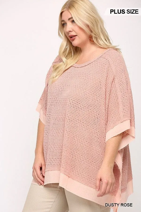 Plus Size Dusty Rose Pink Round Neck Batwing Sleeve Knit Woven Poncho Pullover Top