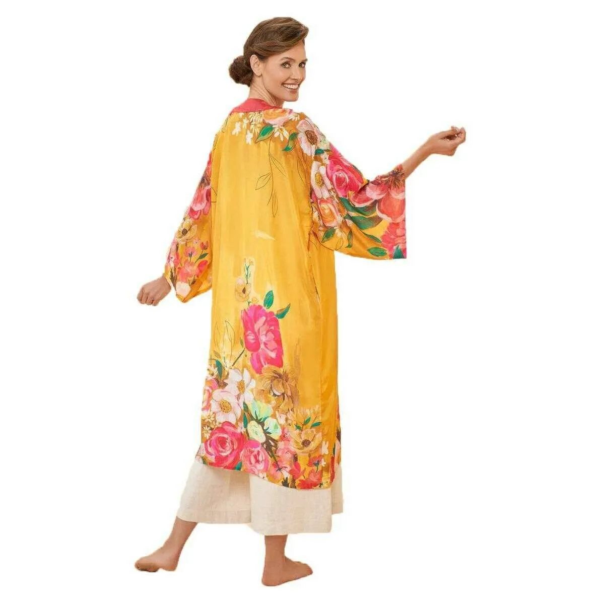 Powder Impressionist Floral Kimono Gown - Mustard Yellow