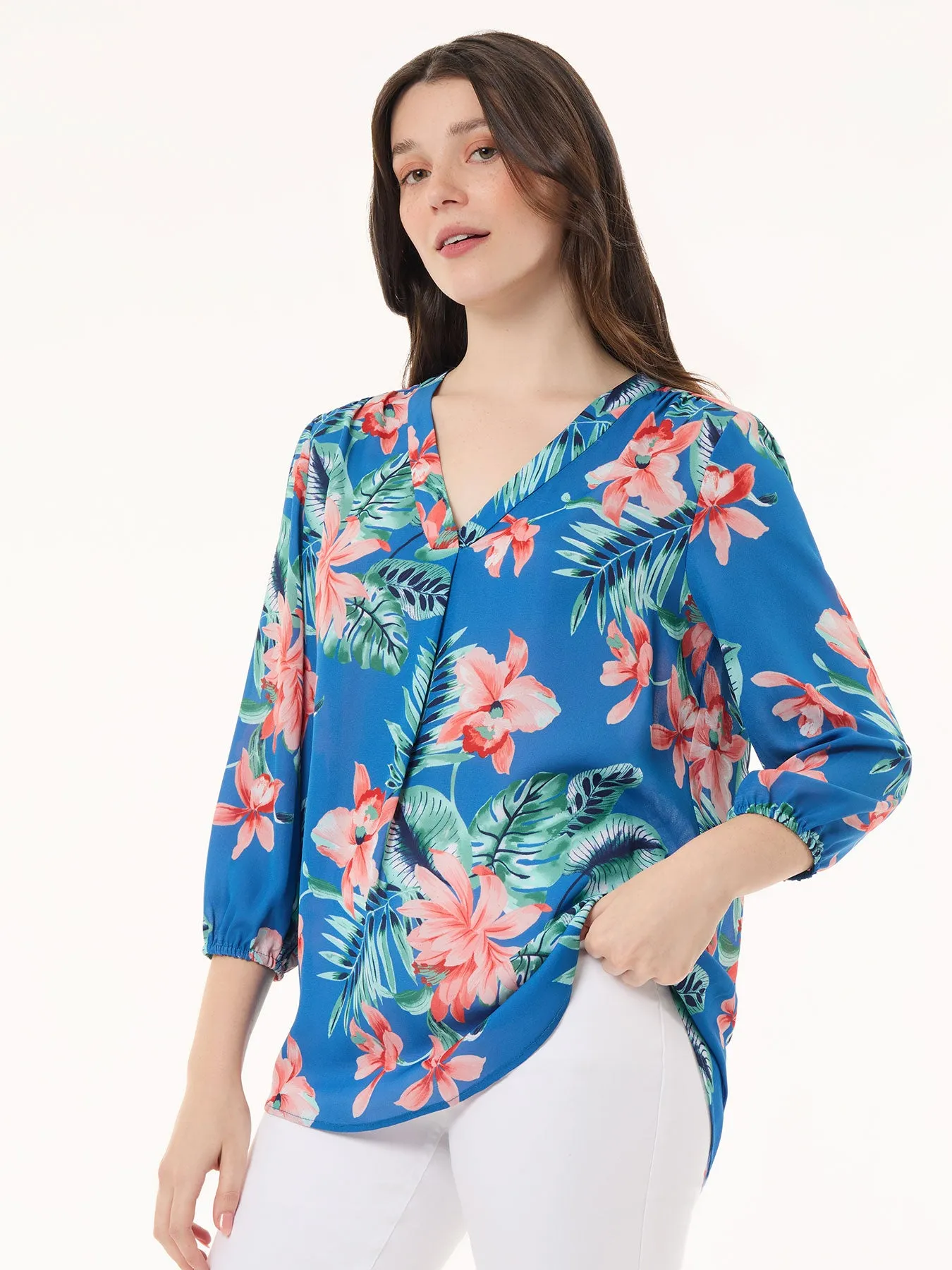 Printed V-Neck Kelly Blouse, Crepe de Chine